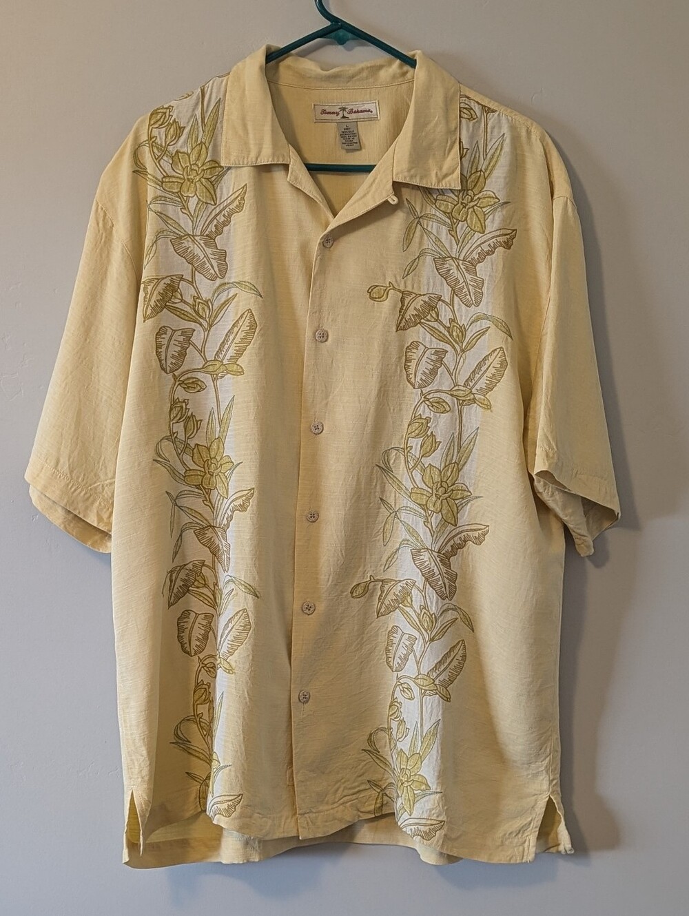 Tommy Bahama Yellow 100% Silk Embroidered Floral Camp Shirt L